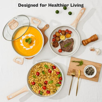 13 Pcs Pots and Pans Set, Nonstick Cookware Sets White Granite Induction Cookware, Non-toxic Healthy Non stick Kitchen Cooking Set with Frying Pans Set, Saucepans (PFAS/PFOA/PFOS Free)