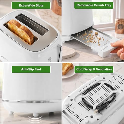 Keenstone 2 Slice Toaster, Retro Stainless Steel Kitchen Essentials, White