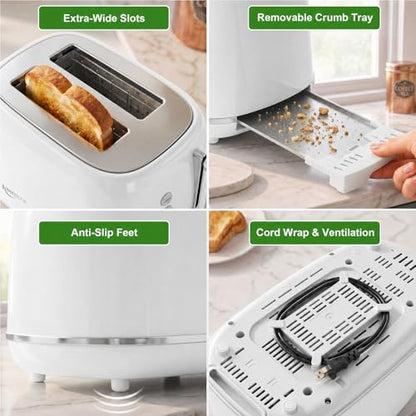 Keenstone 2 Slice Toaster, Retro Stainless Steel Kitchen Essentials, White
