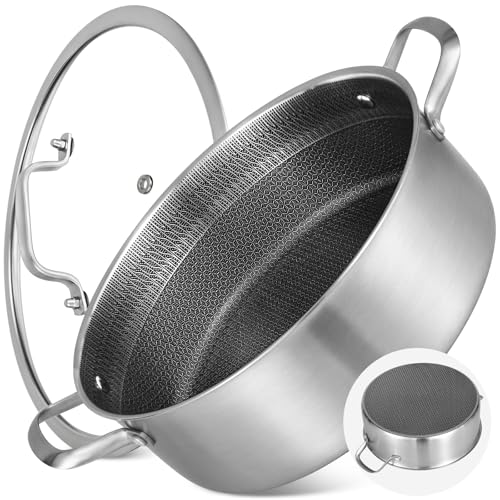 LOLYKITCH 7 QT Large Deep Frying Pan with Lid, 12 Inch Nonstick Triply Stainless Steel Skillet Saute Pan, Ceramic Hybrid Honeycomb Cookware for Family Meal – Oven & Induction Ready, Riveted Handles