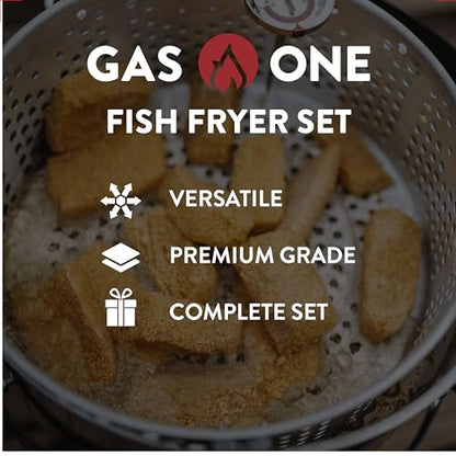 Gas One Propane Deep Fryer with 10Qt Deep Fryer Pot – High Grade Strainer Basket Aluminum Pot for Fish Fry Chicken Wings, Seafood Pot – Propane Burners for Outdoor Cooking Include Thermometer