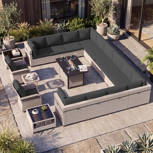SnugVista Patio Furniture Set, 18-Piece Outdoor Sectional Sofa with Swivel Rocker Chairs & Fire Pit Table, Wicker Patio Conversation Set with Coffee Table, Black Cushions