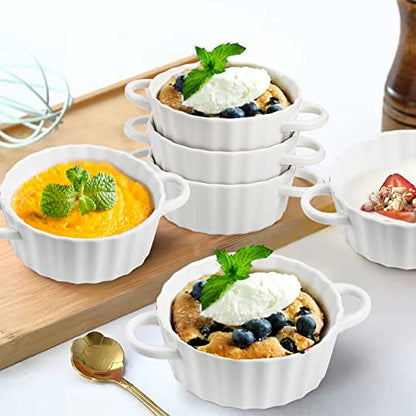 Foraineam 6 Pack Oven Safe Porcelain Souffle Dishes with Double Handles, 10 Ounce Round Mini Quiche Pan, Baking Pie Dish Ramekins For Pudding, Creme Brulee, Souffle