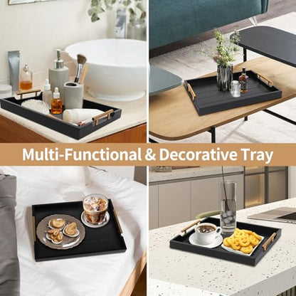SXNOWS Coffee Table Trays - Large Ottoman Tray for Living Room -Wood Serving Tray with 2 Sets of Handles - Wooden Tray for Coffee Table, 4 Round Coasters Included, Black