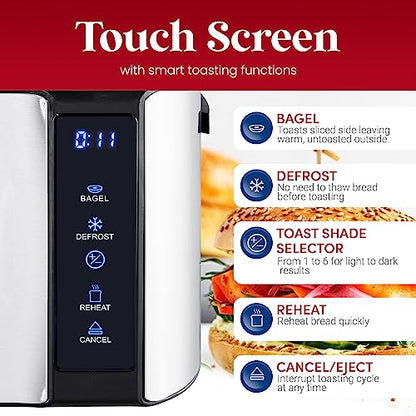 Elite Gourmet ECT5322 Long Slot 4 Slice Toaster, Countdown Timer, Bagel Function 6 Toast Setting, Defrost, Cancel Function, Built-in Warming Rack, Extra Wide Slots for Bagels Waffles, Stainless Steel
