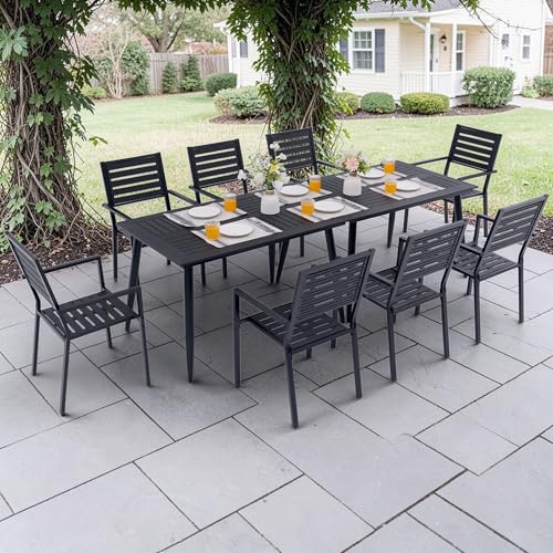 AZXZCS 10-Piece Outdoor Dining Set - Two 47.25" HDPE Patio Tables and 8 Stackable Armrest Chairs - All-Weather Rust-Proof Steel Frame for Garden, Deck(Black)