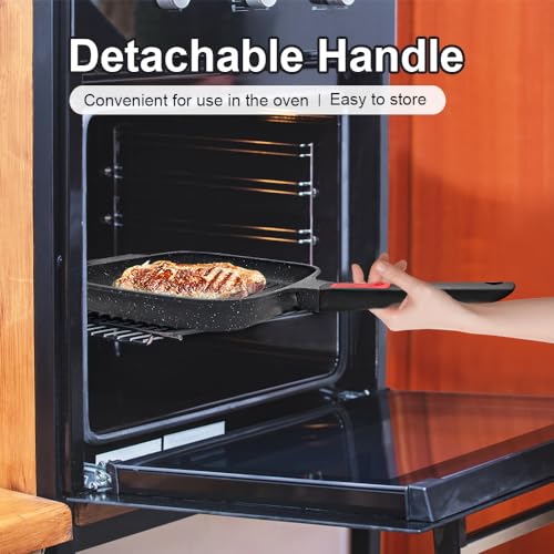 RANX INGST Griddle Pan with Lid, 10 Inch Cast Aluminium Non Stick Grill Pan with Detachable Handle for Induction Hob, Black