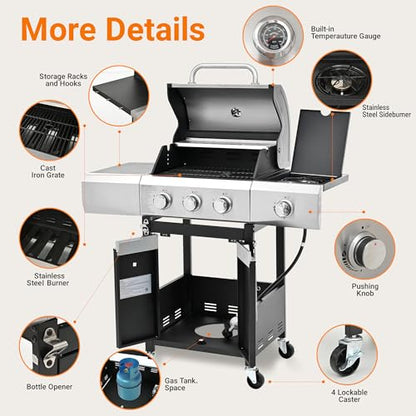 Endark 3-burner Propane Grill with a Side Burner and Grill Cover, 40,500 BTU, Stainless Steel BBQ Grill with Thermometer,Wheels, Enameled Cast Iron Grate Gas Grill, Perfect for Patio,Garden Cooking