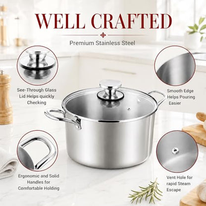 TeamFar 6 Quart Stock Pot, Stainless Steel Tri-Ply Cooking Pasta Pot with Tempered Glass Lid for Induction/Electric/Gas/Ceramic, Healthy & Sturdy, Double Riveted Handles & Dishwasher Safe