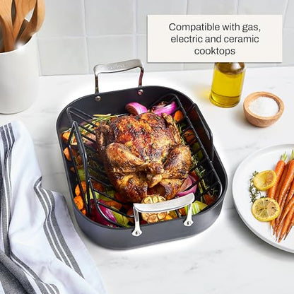 All-Clad Essentials Hard Anodized Nonstick Roaster with Rack 11x14 Inch Oven Broiler Safe 500F Roaster Pan, Pots and Pans, Cookware Black