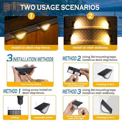 SOLPEX Solar Step Lights for Outside, 24 LEDs Solar Stair Lights Outdoor Waterproof Decor for Porch, Front Door, Stair, Step, Deck, Fence, Balcony, Patio, Wall, Yard, Garden(12 Pack, Warm White)