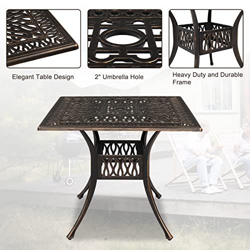 VINGLI 5-Piece Outdoor Patio Dining Set, Cast Aluminum All-Weather Outdoor Table and Chairs w/Cushion, Outdoor Furniture Set w/Umbrella Hole for Backyard Deck Poolside (Square, Elizabeth Back)