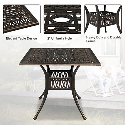 VINGLI 5-Piece Outdoor Patio Dining Set, Cast Aluminum All-Weather Outdoor Table and Chairs w/Cushion, Outdoor Furniture Set w/Umbrella Hole for Backyard Deck Poolside (Square, Elizabeth Back)