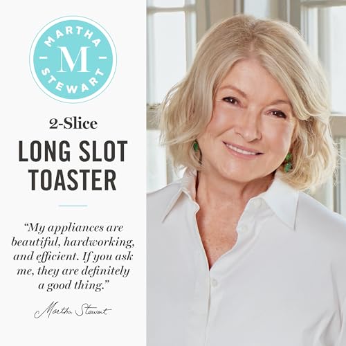 Martha Stewart 2 Slice Long Slot Toaster, Extra Wide for Sourdough & Bagels, 10 Setting Shade Control, Removable Crumb Tray, Self-Centering Design, Defrost/Reheat, Cancel, Slim Space-Saving, Honeydew