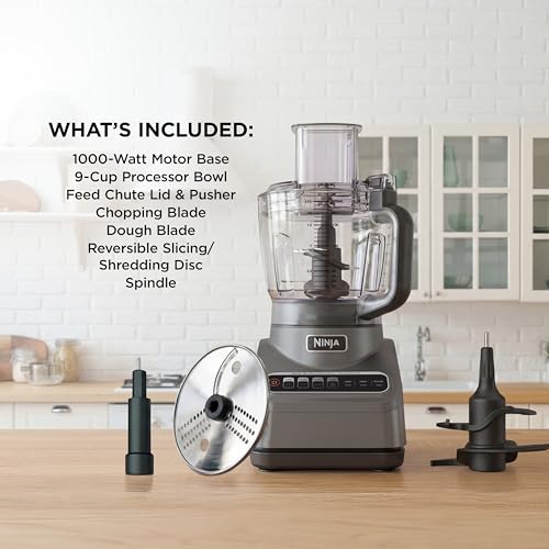 Ninja Food Processor, Professional Plus, 1000 Peak Watts, 4 Functions for Chopping, Slicing, Purees & Dough with 9-Cup Processor Bowl, 3 Blades, Food Chute & Pusher, Grey, BN601