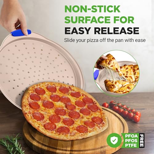 NutriChef 13-Inch Non-Stick Pizza Tray - with Silicone Handle, Round Steel Non-stick Pan with Perforated Holes, Premium Bakeware, Pizza Tray with Extended Handles, Dishwasher Safe - Champagne Gold