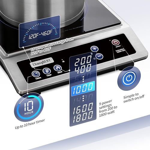 ChangBERT Induction Cooktop, Commercial Grade Portable Cooker, Large 8” Heating Coil, Premium Stainless Steel Countertop Burner with NSF Certified, 10 Hours Timer Powerful 1800W Professional Hot Plate