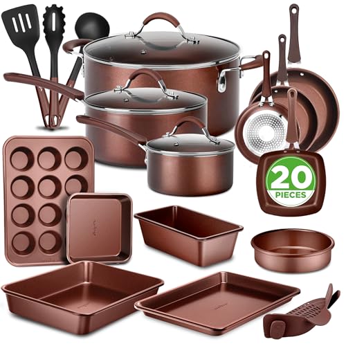NutriChef Nonstick Cookware Set, 20-Piece Premium Kitchen Cookware Set with Pots, Pans, Bakeware & Utensils, Non Stick Pots and Pans Compatible with Gas, Electric, Ceramic & Induction Cooktops (Black)