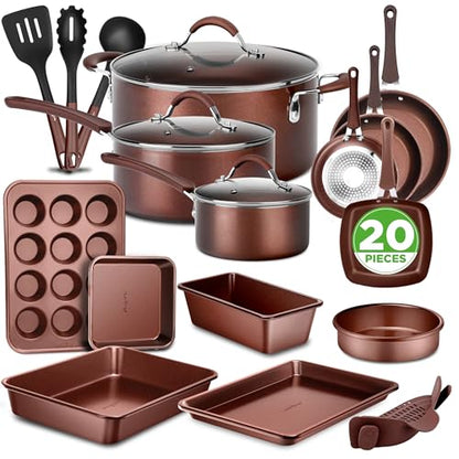NutriChef Nonstick Cookware Set, 20-Piece Premium Kitchen Cookware Set with Pots, Pans, Bakeware & Utensils, Non Stick Pots and Pans Compatible with Gas, Electric, Ceramic & Induction Cooktops (Black)