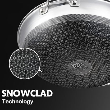 SNOWCLAD Wok, 13 Inch Hybrid Woks & Stir-fry Pans Nonstick, Non Toxic Stainless Steel Wok Pan with Lid, Dishwasher Induction Oven Broiler Safe, PFOA Free Cookware Non Stick