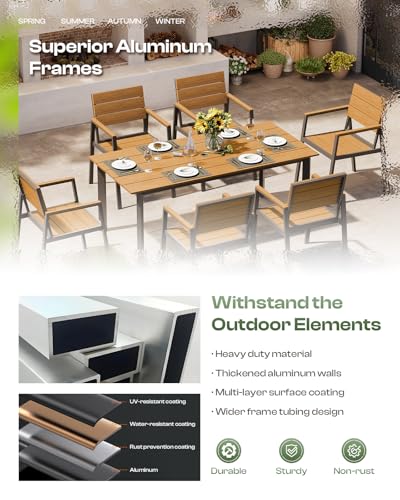 Oasbira Outdoor Dining Set, Patio Table and Chairs Set with Umbrella Hole, 7 Pieces HDPS + Aluminum Patio Dining Furniture Set for Backyard, Garden (Gray & Teak)