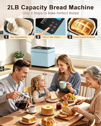 KBS Blue Bread Maker, 2LB Smart Bread Machine with Healthy Ceramic Pan, Touchscreen, Auto Nut Dispenser, 17 Automatic Programs, Gluten Free, Sourdough, Dough, Yogurt & Jam, 15H Timer, Stainless Steel