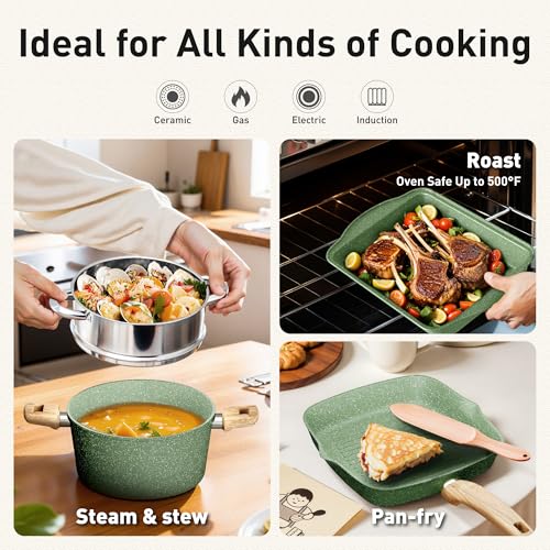 17 Piece Pots and Pans Set Non Stick, Nonstick Induction Granite Kitchen Cookware Sets, Induction Cookware Frying Pans, Nonstick Granite Cooking Set, Pan Sets for Cooking, Green