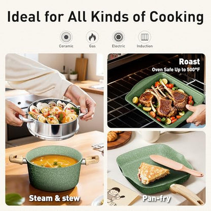 17 Piece Pots and Pans Set Non Stick, Nonstick Induction Granite Kitchen Cookware Sets, Induction Cookware Frying Pans, Nonstick Granite Cooking Set, Pan Sets for Cooking, Green