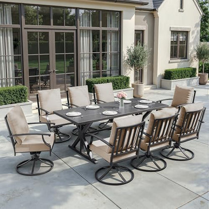 ALAULM 9-Piece Patio Dining Set,Outdoor Metal Dining Set with 8 Swivel Chairs & Rectangle Table with 1.5 Umbrella Hole, Patio Dining Table and Chairs for Backyard, Sand