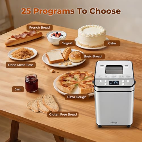 Rosewill 25-in-1 Automatic Bread Maker Machine with 3 Loaf Size up to 2 Lb, 700W High Power Dual Heater Bread Maker with BPA-free Nonstick Coating Pan, Max 15 Hours Delay Timer, Low Noise - Silver