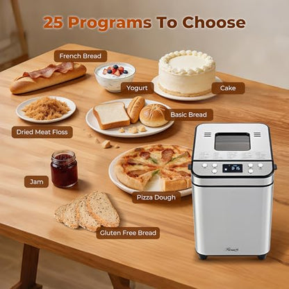 Rosewill 25-in-1 Automatic Bread Maker Machine with 3 Loaf Size up to 2 Lb, 700W High Power Dual Heater Bread Maker with BPA-free Nonstick Coating Pan, Max 15 Hours Delay Timer, Low Noise - Silver
