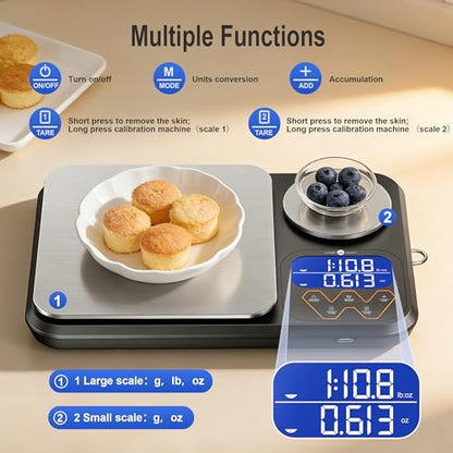 Rechargeable 0.01g/5kg Dual Platform Food Kitchen Scales Digital Weight Grams and Ounces, Two Precisions Kitchen Scale for Sourdough Bread, Baking and Cooking with 3 Units Tare, Accumulation Functions