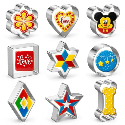 Metal Cookie Cutters Set 9Pcs - Stainless Steel Cookie Cutters includes Heart, Flower, Mouse, Round, Star, Square, Dog Bone Shapes for Baking or Party Decorations