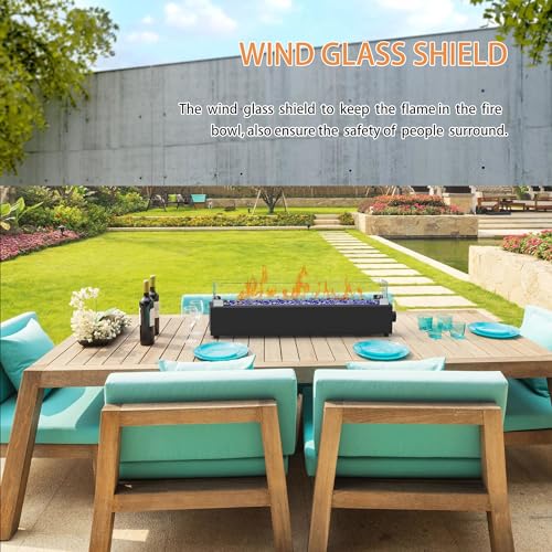 28-inch Table Top Propane Fire Pit, 40,000 BTU Tabletop Firepit for Patio, Outdoor Portable Rectangular Fire Bowl w/Wind Glass Shield, Glass Rocks - Black