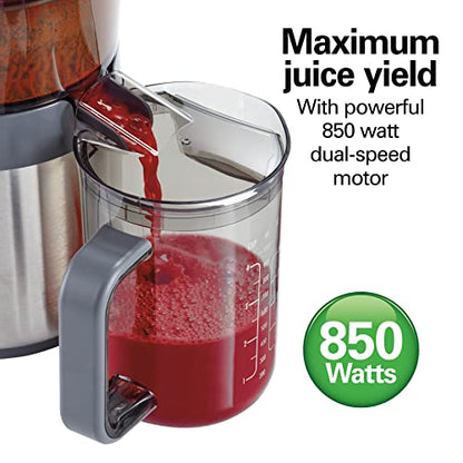 Hamilton Beach Juicer Machine, Centrifugal Extractor, Big Mouth 3" Feed Chute, Easy Clean, 2-Speeds, 40 oz. BPA Free Pitcher, 850 Watt Motor, Silver (67850)