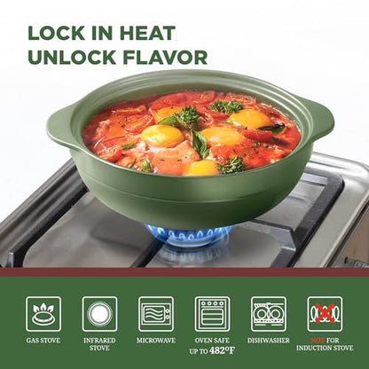 MINH LONG 3-Qt Porcelain Dutch Oven with Lid – Lead & Cadmium Free, Oven Safe to 482°F, Heat Retention, Clay Pot for Cooking on Gas & Infrared Cooktop, Use to Marinate, Cook, Bake, Refrigerate & Serve