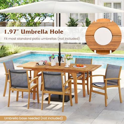 Tangkula 9 Pieces Acacia Wood Patio Dining Set for 6-8, Outdoor Expandable Table and Chairs Set with 1.97" Umbrella Hole and Breathable Fabric for Garden, Lawn, Yard and Poolside