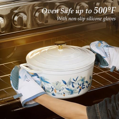 CAROTE 7QT Cast Iron Dutch Oven Pot with Lid, Enameled Floral Dutch Ovens with Cotton Potholders & Oven Gloves, Versatile Heavy-Duty Cookware for Sourdough Bread Baking, Braising, Stews, All Stovetop Compatible, Oven Safe up to 500° F, White & Blue
