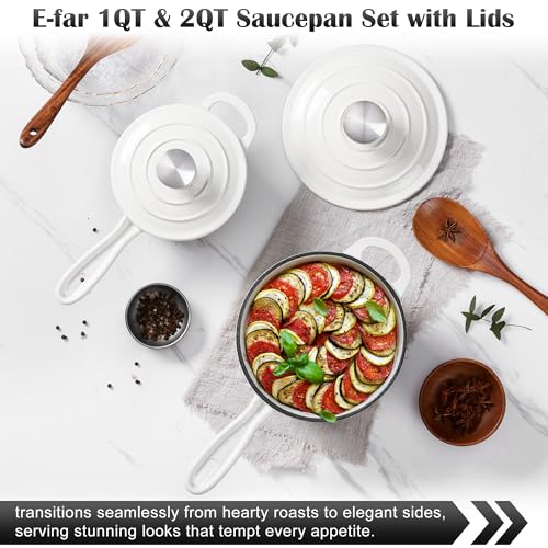 E-far Sauce Pan Set with Lid, 1Qt & 2Qt Enameled Cast Iron Pot Sets for Kitchen Cooking, Small Heavy Duty Dutch Oven Saucepans & Self-basting Lids, Induction-Ready & Easy Clean, White