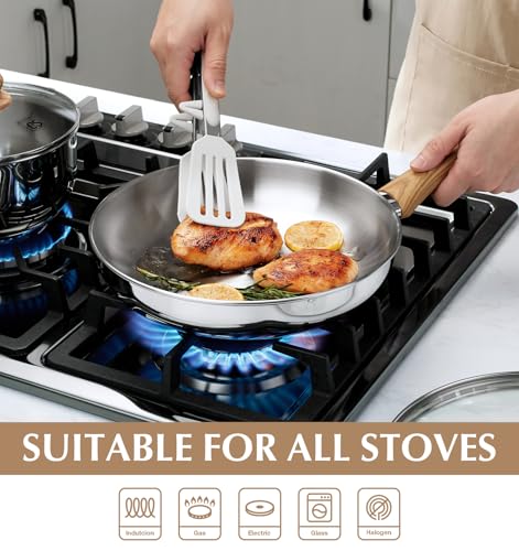 KOCH SYSTEME CS Stainless Steel Pan 10 Inch, Induction Tri-Ply Bottom Stainless Steel Frying Pan with Heat-resistant Bakelite Handle, 10 Inch Stainless Skillet with Lid for Cooking, Dishwasher Safe