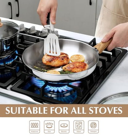 KOCH SYSTEME CS Stainless Steel Pan 10 Inch, Induction Tri-Ply Bottom Stainless Steel Frying Pan with Heat-resistant Bakelite Handle, 10 Inch Stainless Skillet with Lid for Cooking, Dishwasher Safe