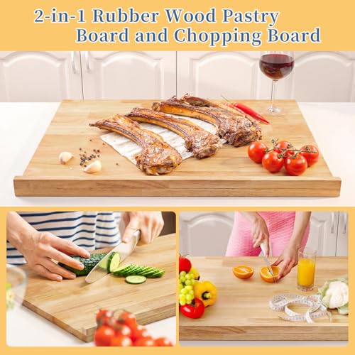 Wooden Pastry Board with Measurement, 24'' x 20'' Wood Kneading Board, 2-in-1 Rubber Wood Pastry Board and Chopping Board with Side Lip and Engraved Ruler
