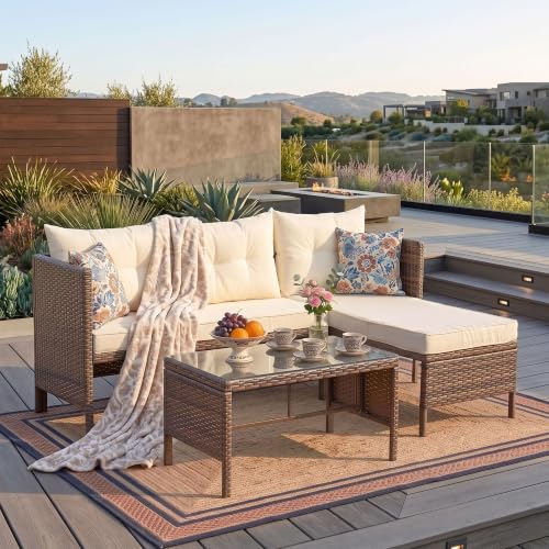 OMNIBERG 5 Piece Outdoor Sectional Patio Furniture Sets, All Weather Outdoor Wicker Rattan Patio Conversation Set, Patio Seating Sofas with Cushions, Lumbar Pillows and Tempered Glass Table