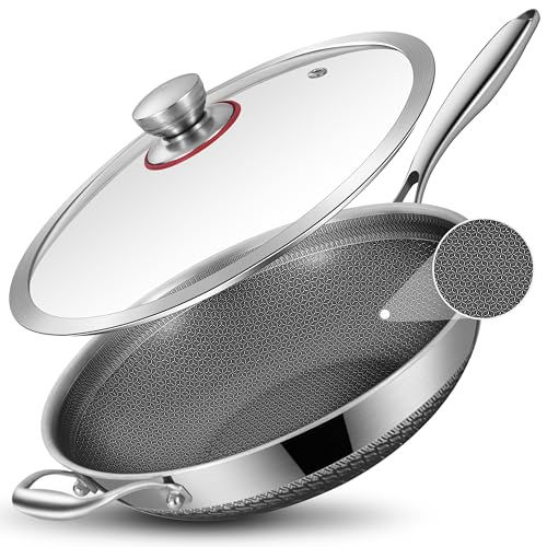 LOLYKITCH 13-inch Nonstick Wok & Stir-fry Pan with Lid, Induction Compatible, Tri-ply Stainless Steel Ceramic Coating Cookware, Perfect for Stir-frying, Sauté, and Simmering, Dishwasher and Oven Safe