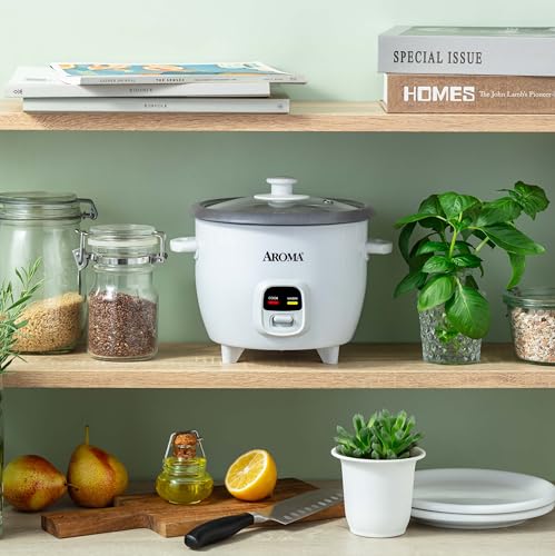 AROMA Rice Cooker, 3-Cup (Uncooked) / 6-Cup (Cooked), Small Rice Cooker, Oatmeal Cooker, Soup Maker, Auto Keep Warm, 1.5 Qt, White, ARC-393NG
