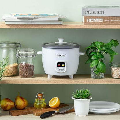 AROMA Rice Cooker, 3-Cup (Uncooked) / 6-Cup (Cooked), Small Rice Cooker, Oatmeal Cooker, Soup Maker, Auto Keep Warm, 1.5 Qt, White, ARC-393NG