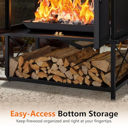 2-in-1 Metal Chiminea Fireplace with Grill,Wood Burning Outdoor Fireplace with Wood Storage, Chimney,Metal Mesh Spark Screen,and Fire Tongs Ideal for Yards,Patios, Gardens,Camping,and Picnics