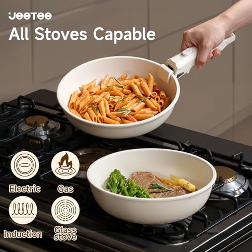 JEETEE Pots and Pans Set Non Stick 19pcs, Kitchen Cookware Sets with Detachable Handle, Induction Nonstick Cookware Set with Removable Handle, Stackable RV Cookware, Oven Safe, PFAS/PFOA Free, Beige