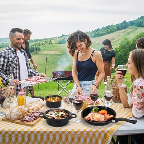 13 Piece Non-Stick Cookware Set, Portable Lightweight Cast Iron Pots and Pans with Glass Lids and Nylon Utensils for Outdoor Camping Picnic Travel Cookware