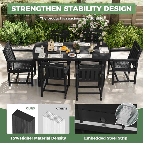 SUUNYN HDPE Outdoor Dining Set, Patio Table and Chairs Set, All-Weather 7-Piece Outside Table and 6 Chairs, 2" Umbrella Hole, Outdoor Furniture for Garden, Poolside, Backyard, Deck | Black